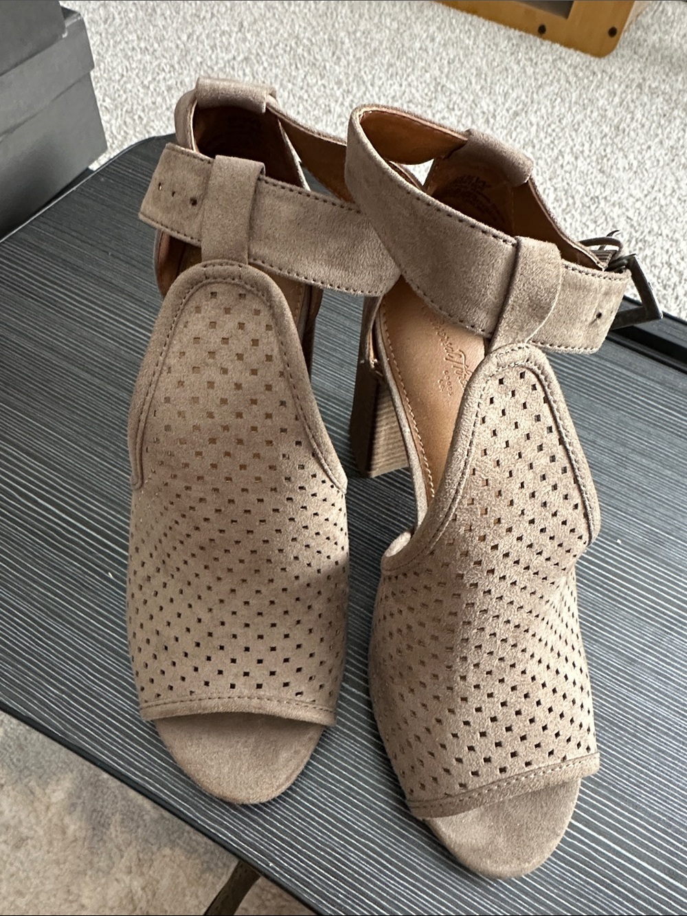 Universal Thread Taupe Perforated Suede Block Heel Sandals